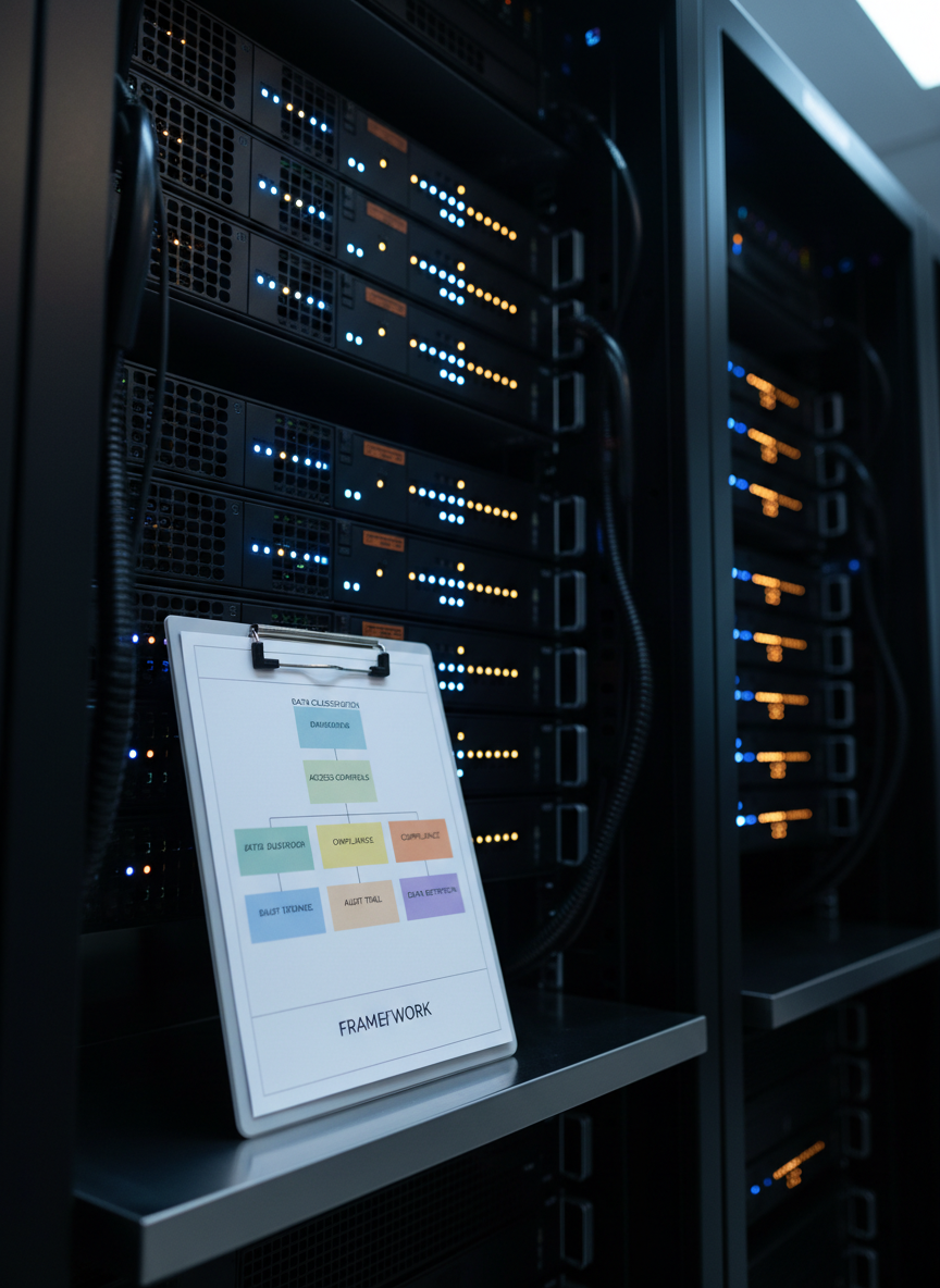 A dark server rack interior with gleaming black metal panels and meticulously arranged blue and amber indicator lights stretches into soft background blur, while in the foreground a single, glossy white clipboard rests on a narrow metal shelf. The clipboard holds a printed, color-coded data governance framework chart with precise lines and labeled sections. The space is lit by cool, controlled overhead LED lighting, casting crisp reflections along cables and subtle shadows inside the rack. Captured at a low, slightly off-center angle, the composition draws the eye from the sharp foreground document into the receding depth of the infrastructure. The atmosphere is technical yet orderly, conveying a professional, critical view of the hidden physical systems behind digital power, rendered in realistic, high-contrast photographic style.