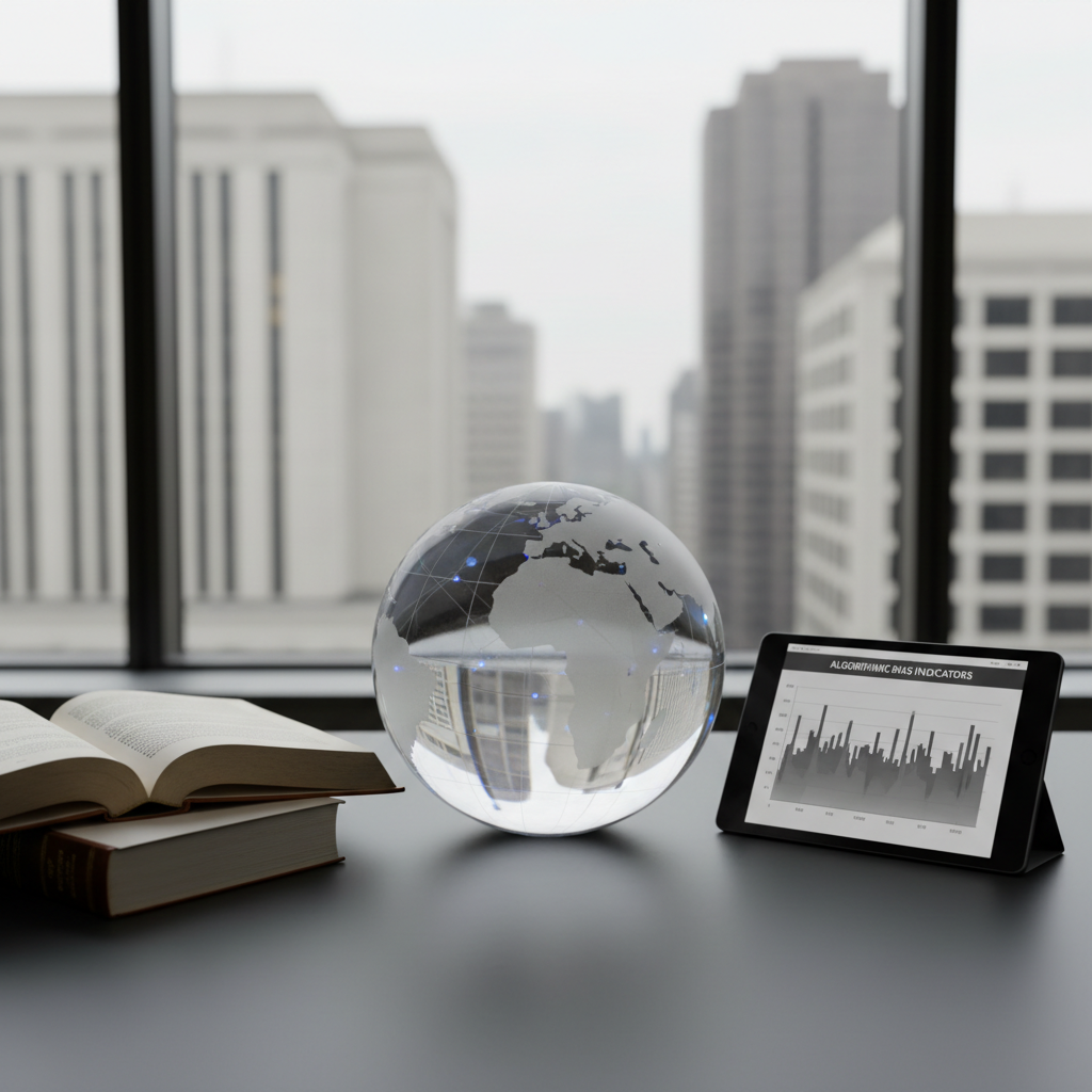 A large, transparent acrylic globe etched with faint network lines and tiny data nodes rests on a matte charcoal desk, flanked by open law books and a sleek black tablet displaying a monochrome chart of algorithmic bias indicators. Behind it, a floor-to-ceiling window reveals a blurred, institutional skyline of government buildings and regulatory agencies. Soft, overcast daylight streams in, creating subtle highlights on the globe’s curved surface and gentle shadows under the books. Shot from a slightly elevated angle with moderate depth of field, the globe is sharply focused while the background softens into bokeh. The mood is serious and analytical, with a clean, modern, photographic aesthetic that underscores the intersection of global data flows, governance, and public policy.