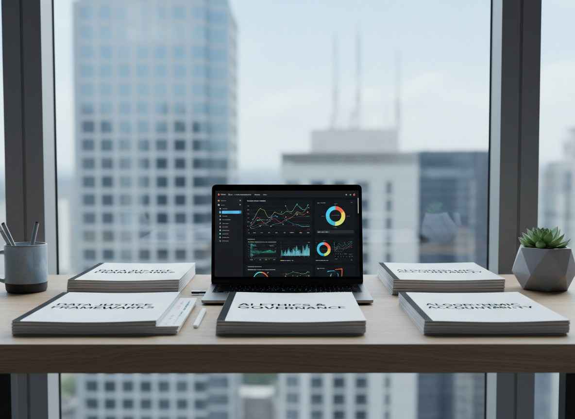 A meticulously organized workstation featuring a slim, dark metal laptop open to a dashboard of colorful data visualizations, surrounded by neatly stacked policy reports with crisp white covers and bold, minimalist titles about data justice and AI ethics. The desk is a smooth, light oak surface with a matte finish, positioned near a large window overlooking an abstract, softly blurred cityscape of glass towers and communication antennas. Cool, diffused daylight fills the room, creating gentle reflections on the laptop screen and understated shadows along the report edges. Photographed at eye level with a shallow depth of field, the composition follows the rule of thirds, creating a clean, professional, and contemplative atmosphere in a photographic realism style, emphasizing critical reflection on data, power, and governance.