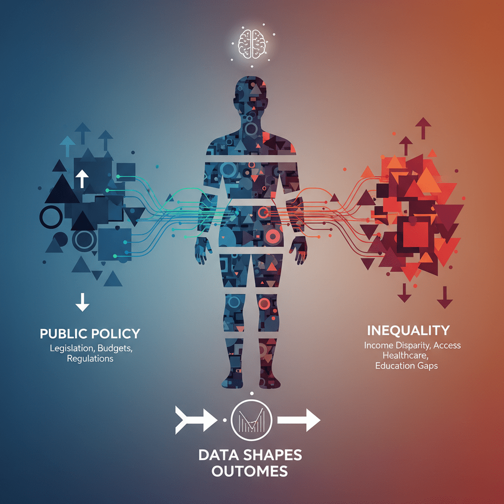 Silhouette of a person connected to public policy and inequality elements with data flows