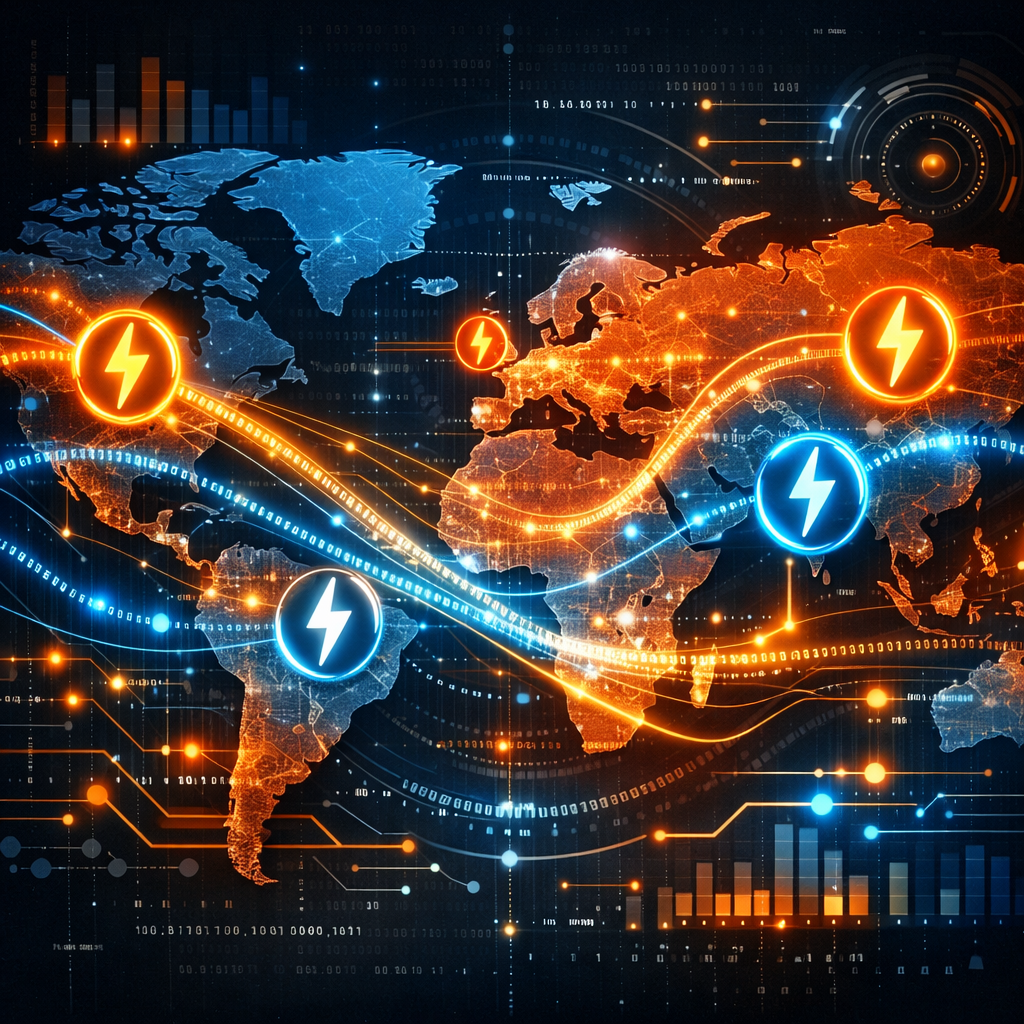 World map with glowing power icons and flowing data lines representing global energy distribution