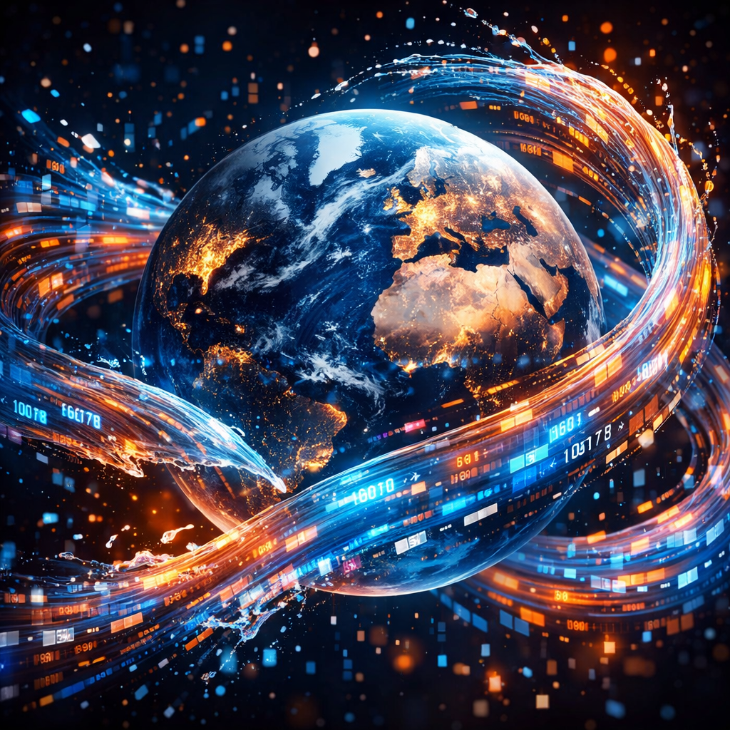 Earth surrounded by swirling streams of glowing blue and orange digital data