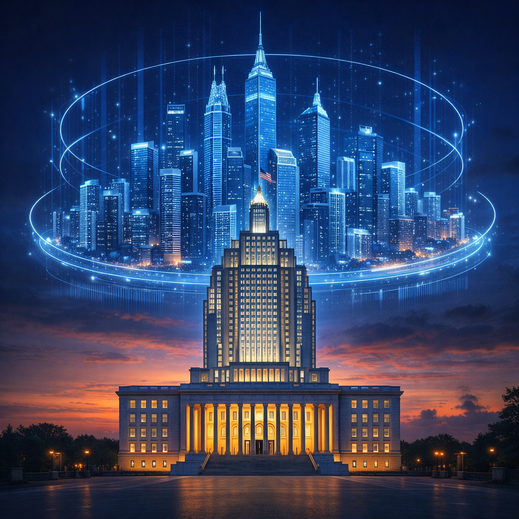 The U.S. Capitol building at dusk with a glowing blue holographic cityscape above it representing technology and connectivity