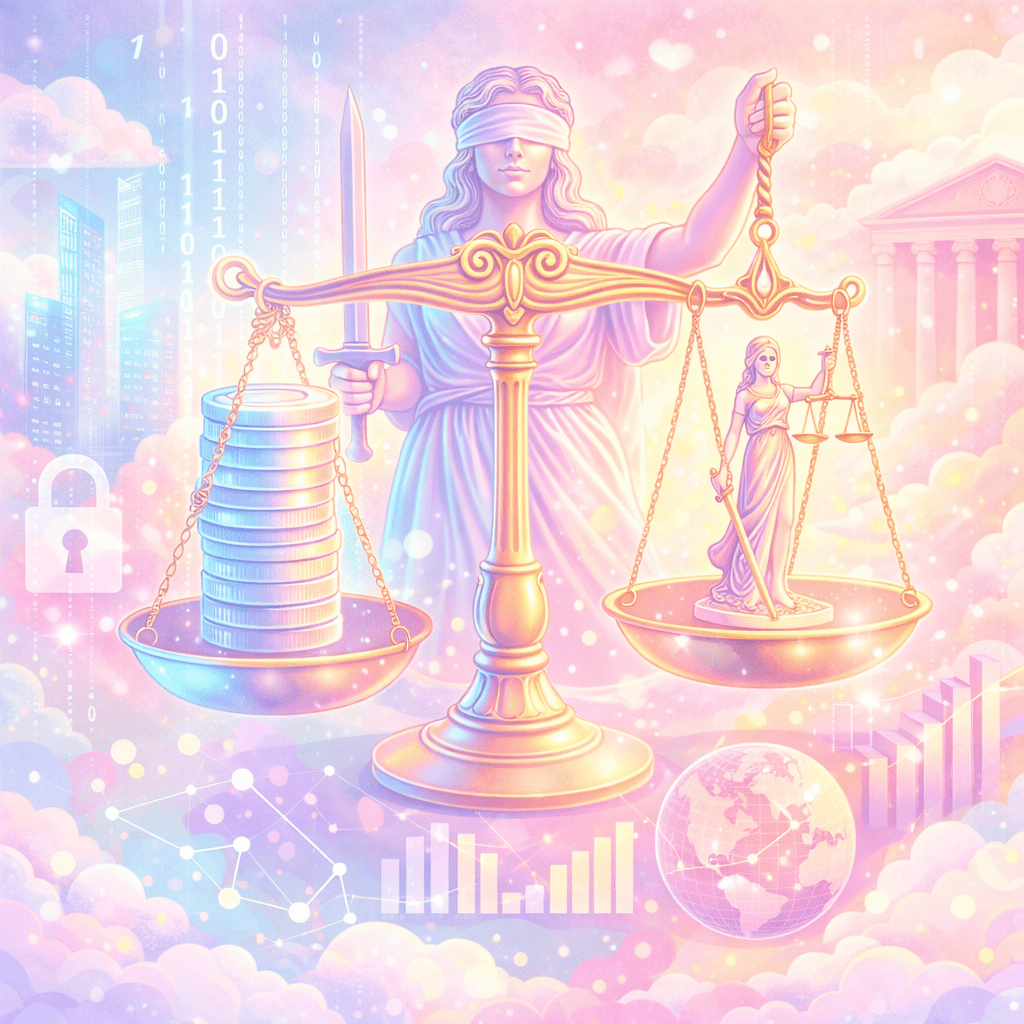 Scales with stacked coins on one side and a Lady Justice statue on the other, held by a blindfolded figure