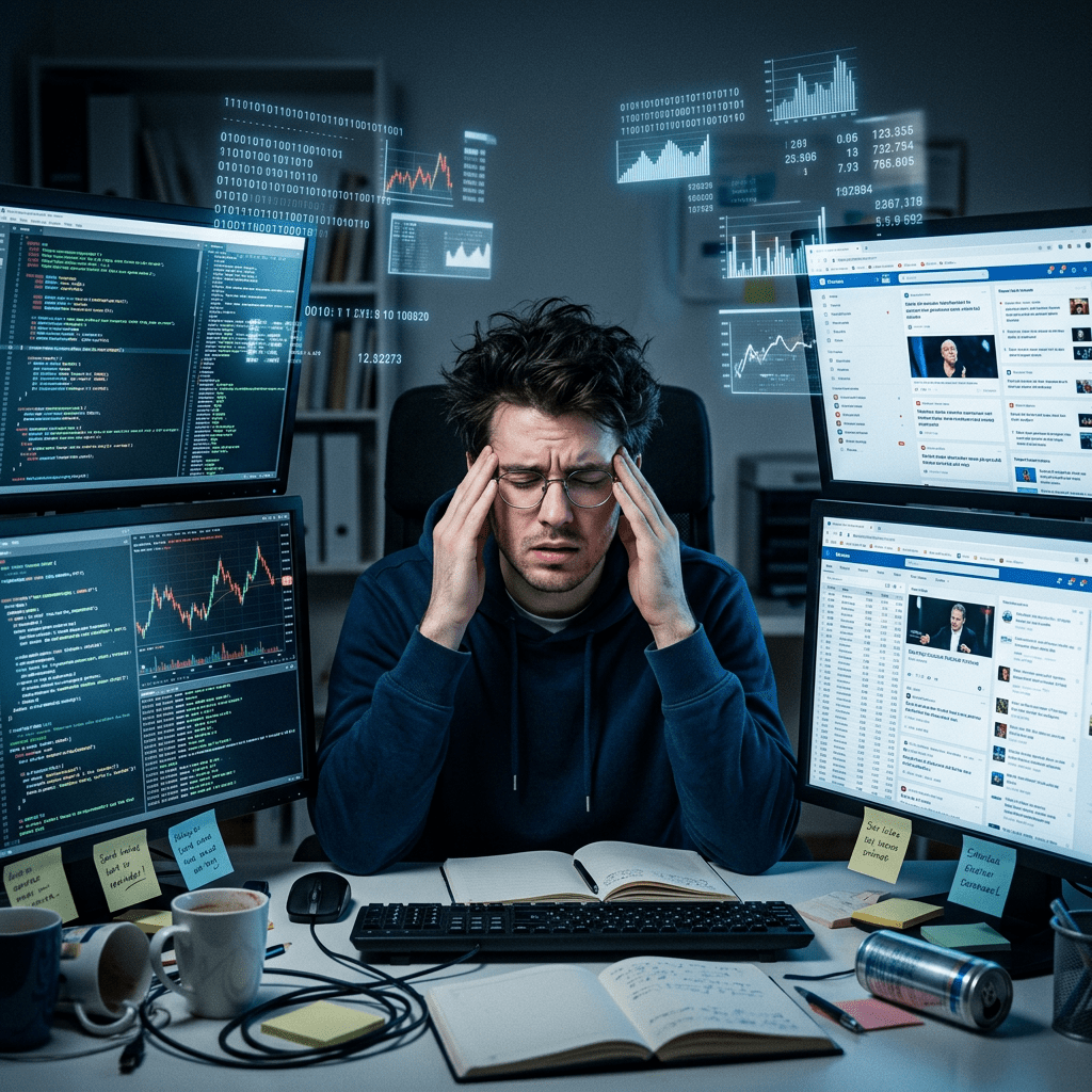Frustrated programmer holding temples with multiple monitors displaying code and data charts