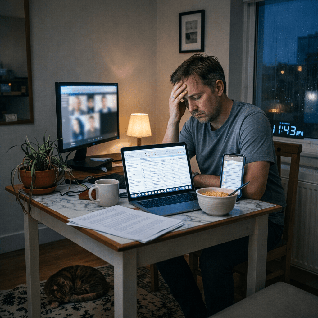 Woman working late at home with laptop, smartphone, papers, and video call on monitor, looking stressed