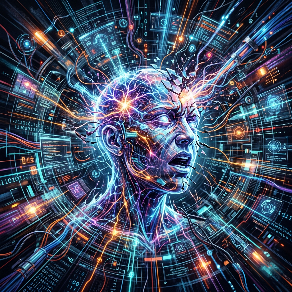 Futuristic human head with glowing neural connections and digital data streaming around