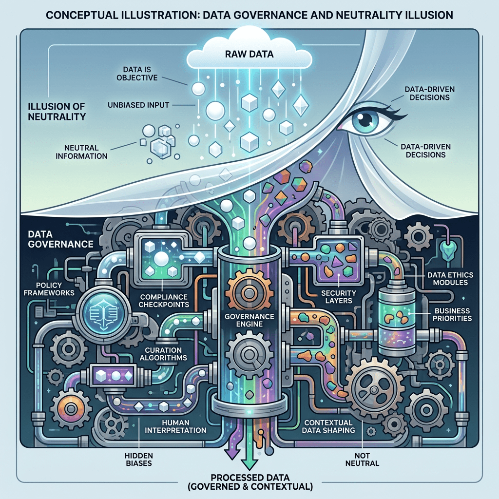 Diagram illustrating data governance and the illusion of data neutrality with raw data, governance engine, and processed data.