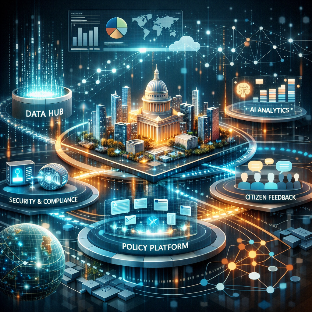 Digital model of a smart city with data hub, AI analytics, security compliance, policy platform, and citizen feedback icons