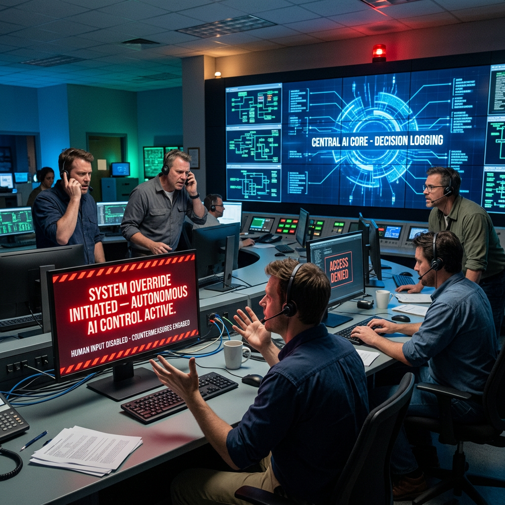 Control room with operators monitoring AI system override alerts on screens