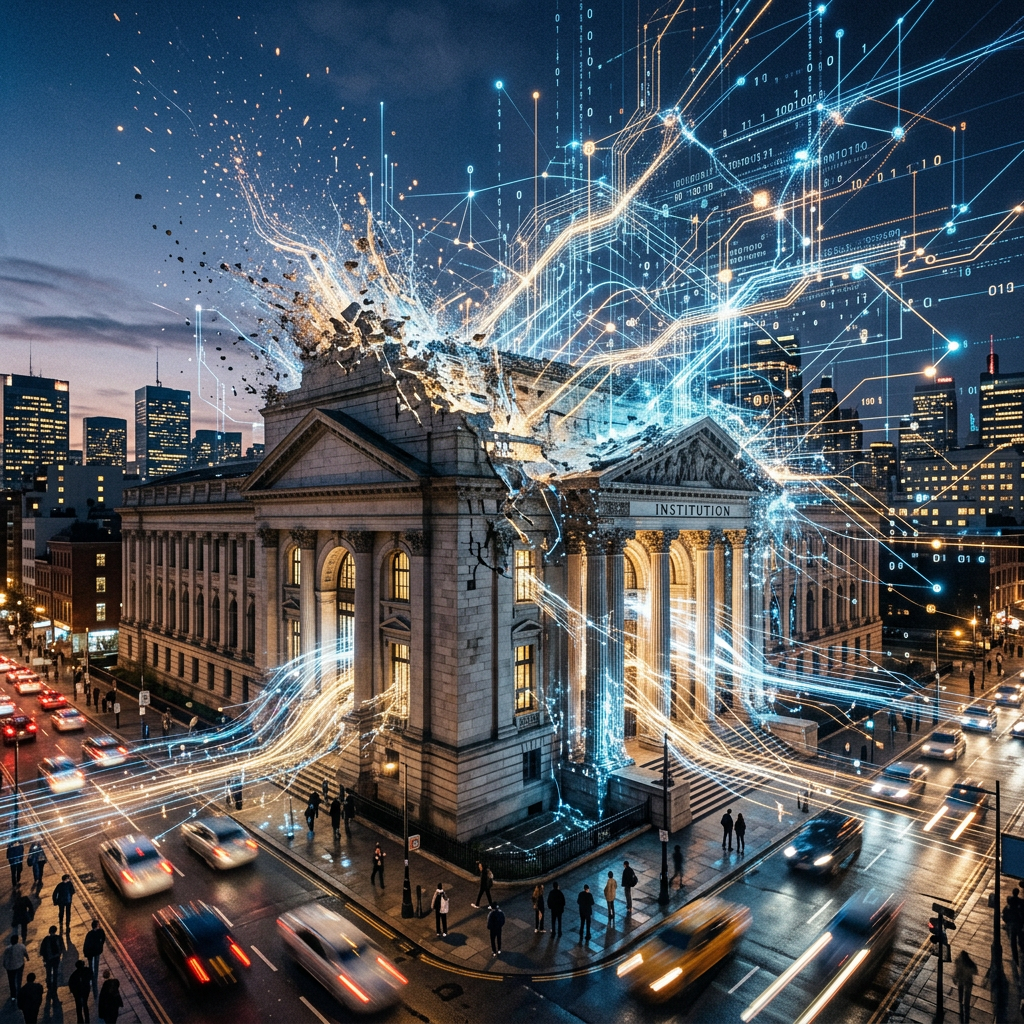 Historic institution building with digital data streams emerging from rooftop