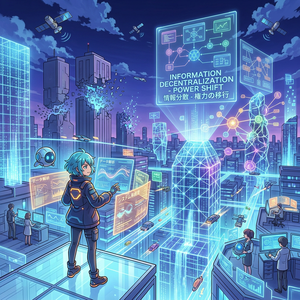 Person interacting with floating digital data panels over a futuristic city with holographic buildings and satellites