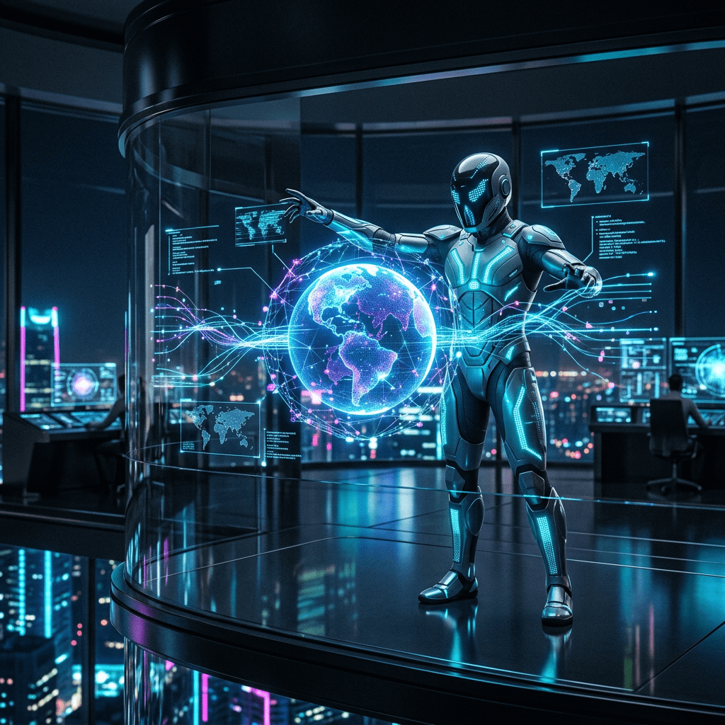 Robot in advanced suit manipulating holographic globe and digital data