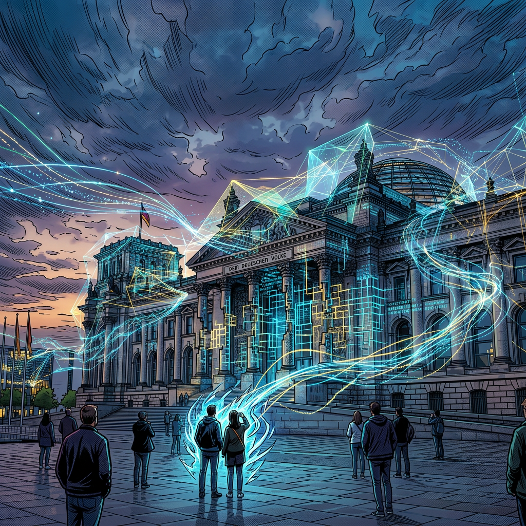 Historic building with columns and dome illuminated by blue and yellow digital light trails at dusk