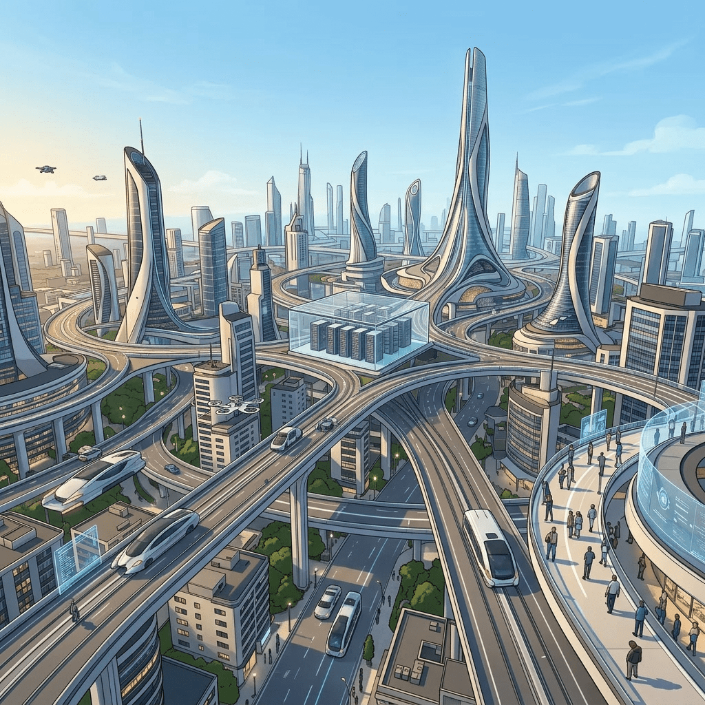 Futuristic city with illuminated highways, modern skyscrapers, drones, and floating digital screens.