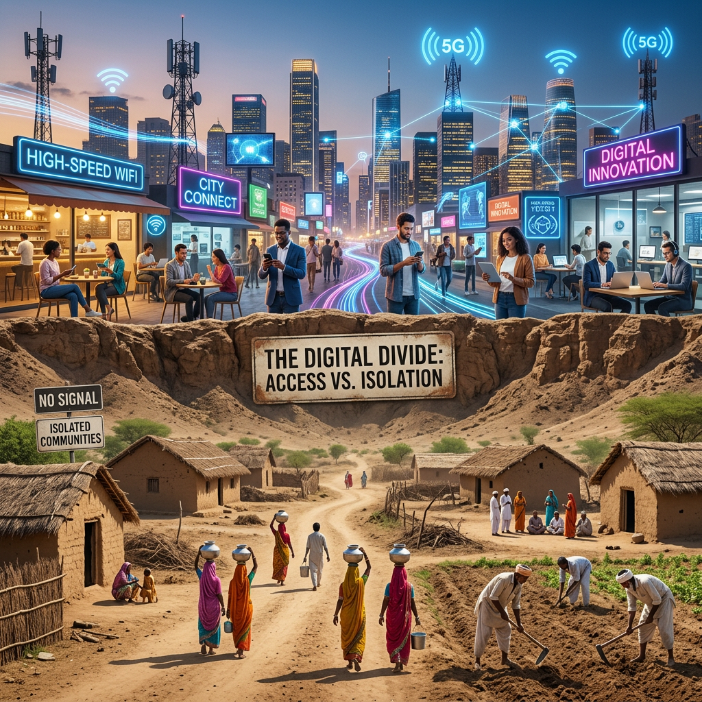 Digital divide illustrating high-tech city with connectivity and rural village with no signal