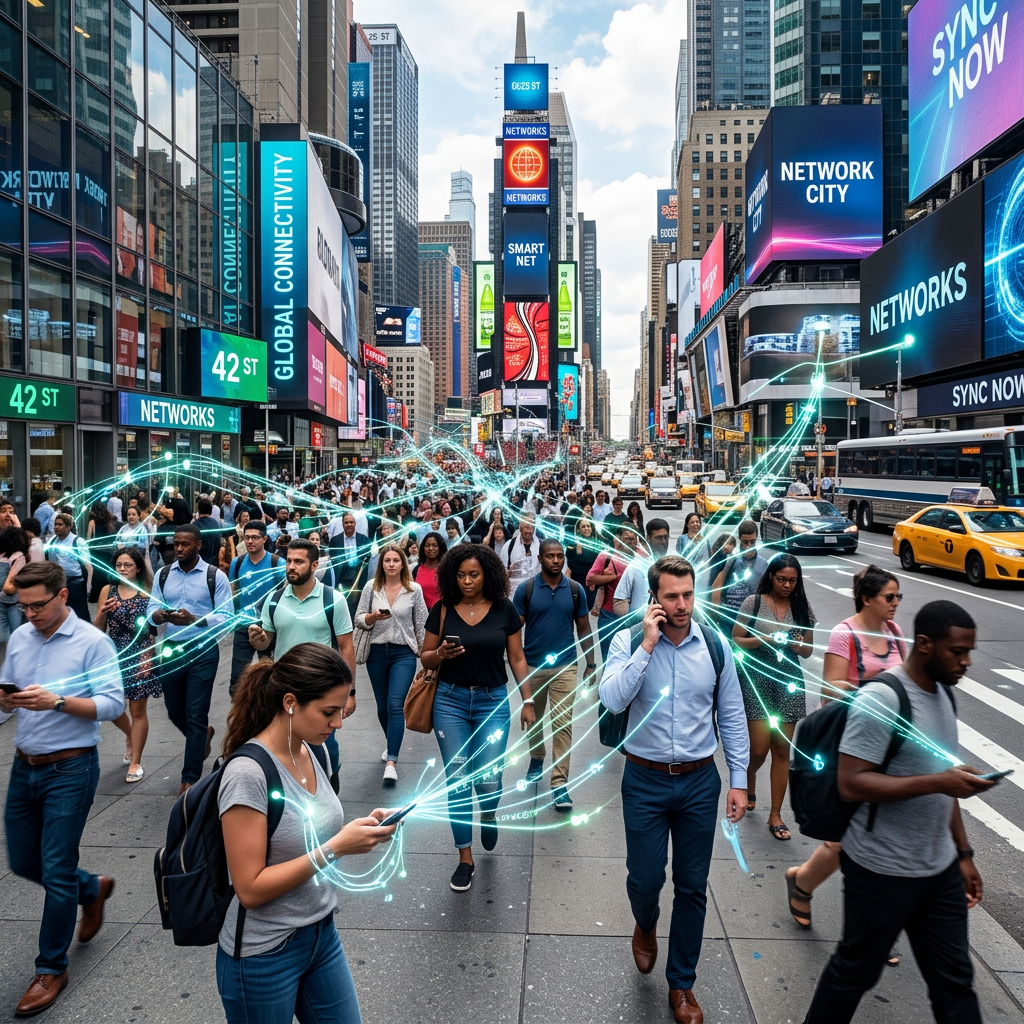 Daytime city crowd connected by digital signals