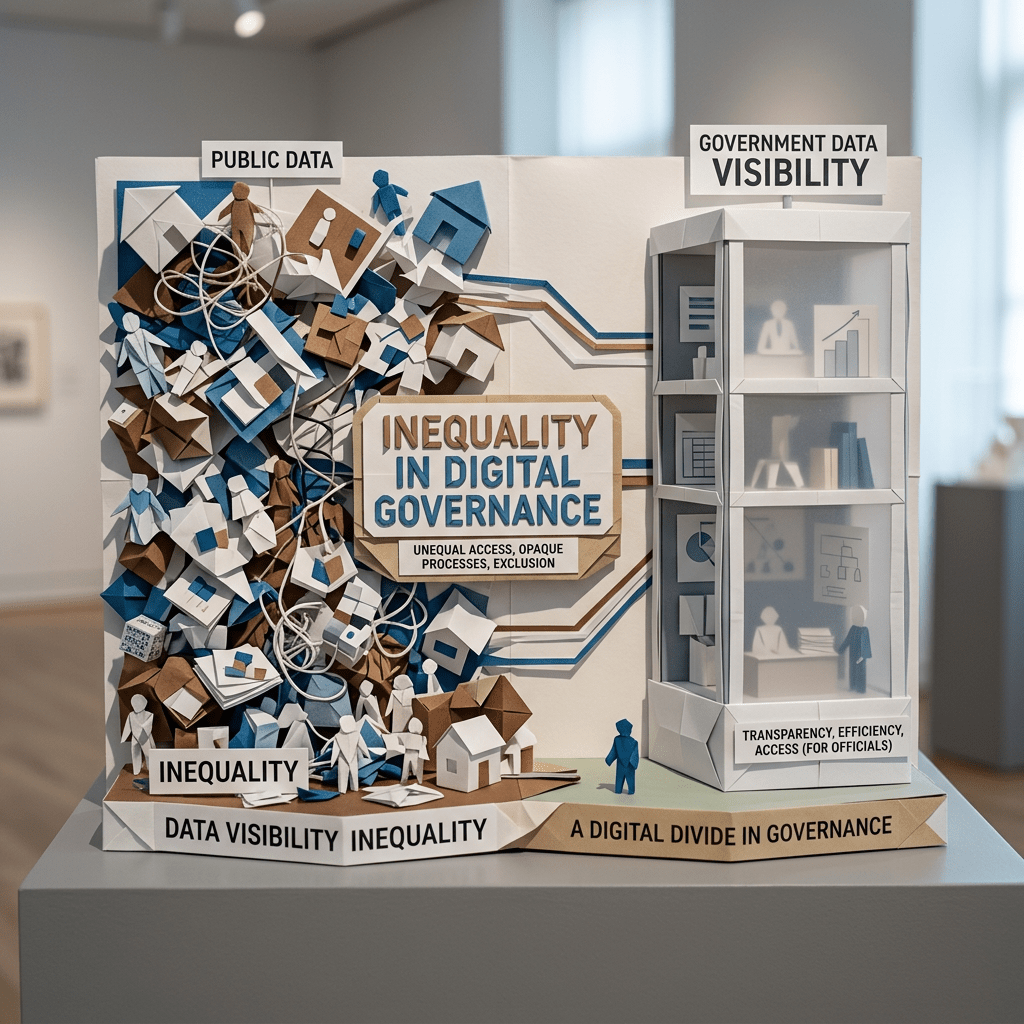 Paper art illustrating inequality in digital governance with tangled public data on one side and transparent government data visibility on the other