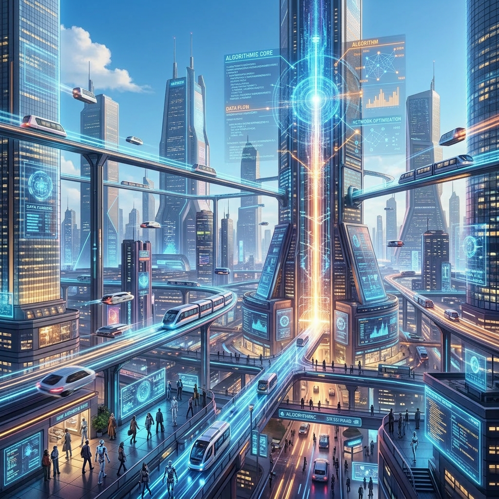 Futuristic city with elevated trains, flying cars, and holographic data interfaces