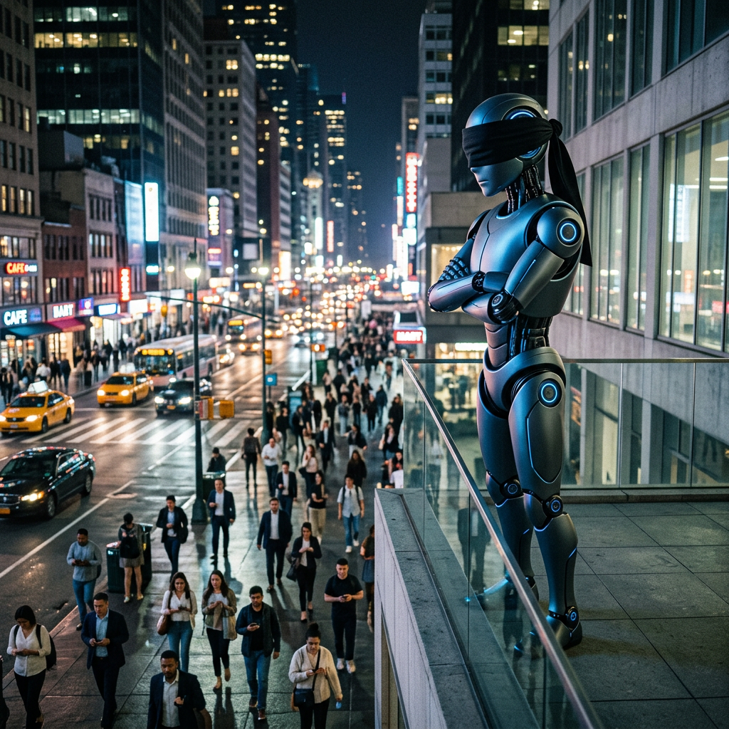 Blindfolded AI system overlooking unaware society