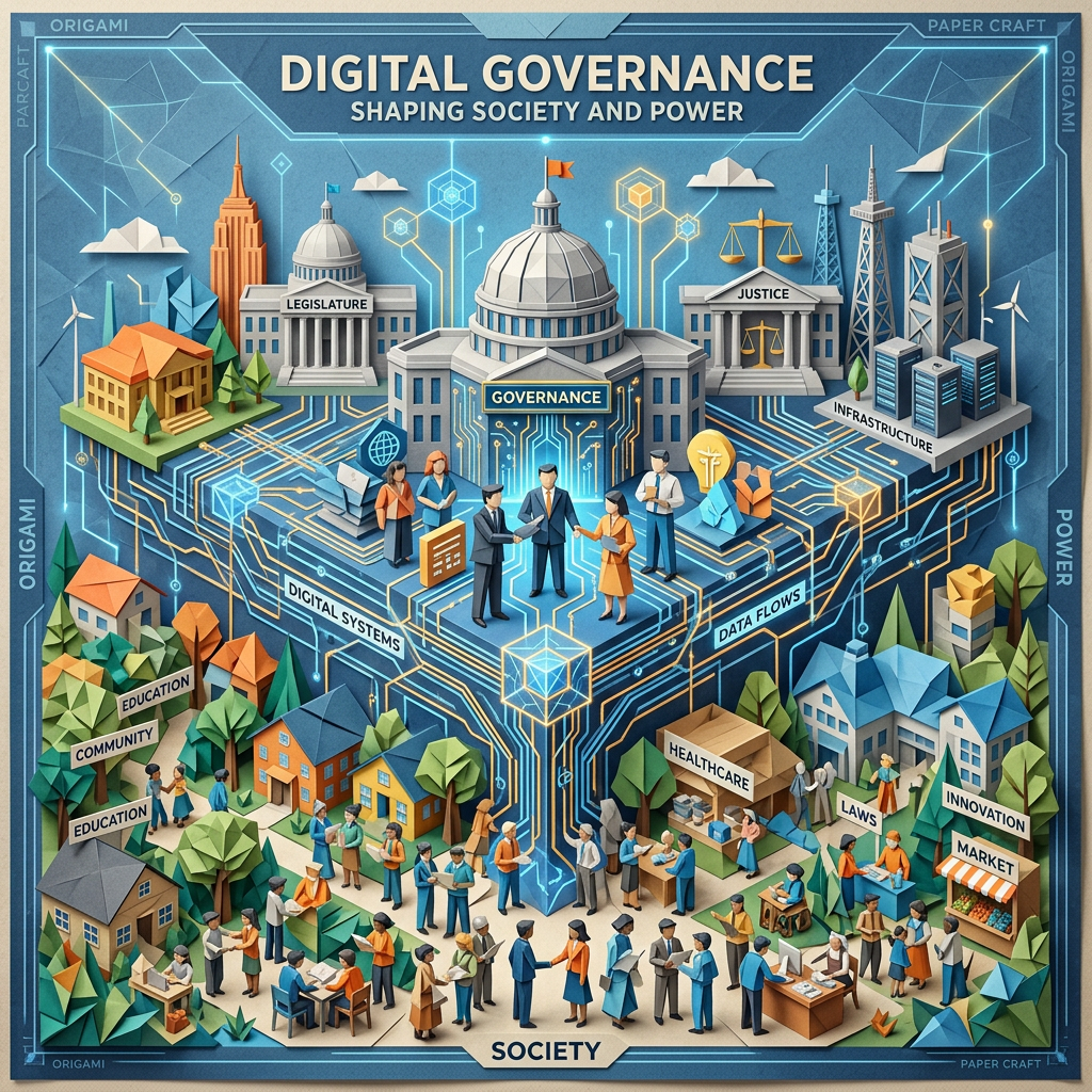 Digital governance connecting legislature, justice, infrastructure with community, education, healthcare, and markets