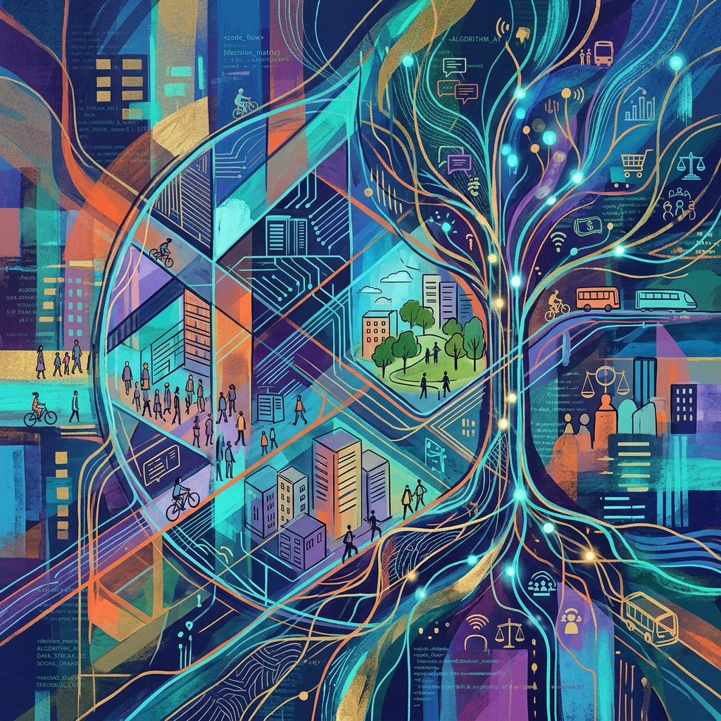 Colorful cityscape illustration showing people, buildings, green spaces, bicycles, and digital network connections