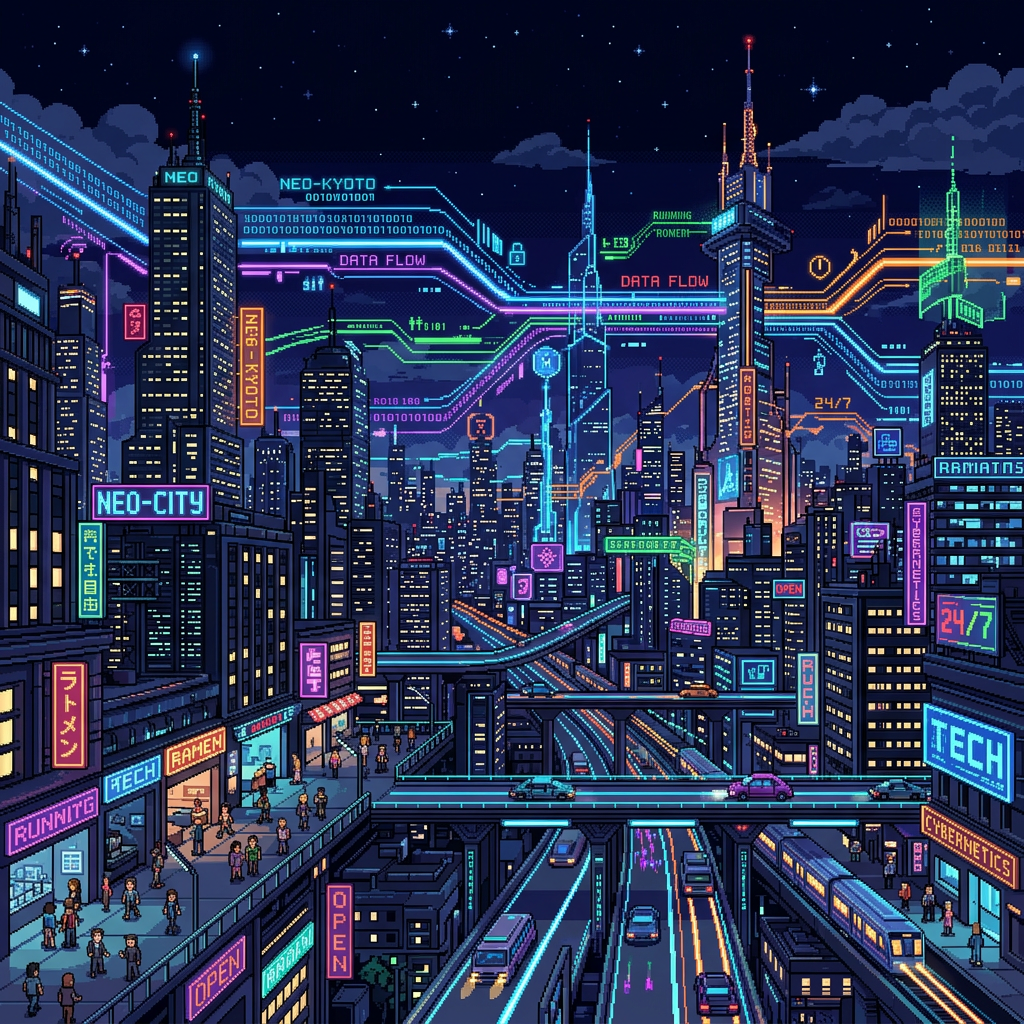 Pixel art of a futuristic city with neon signs, crowded streets, highways, and high-tech skyscrapers at night