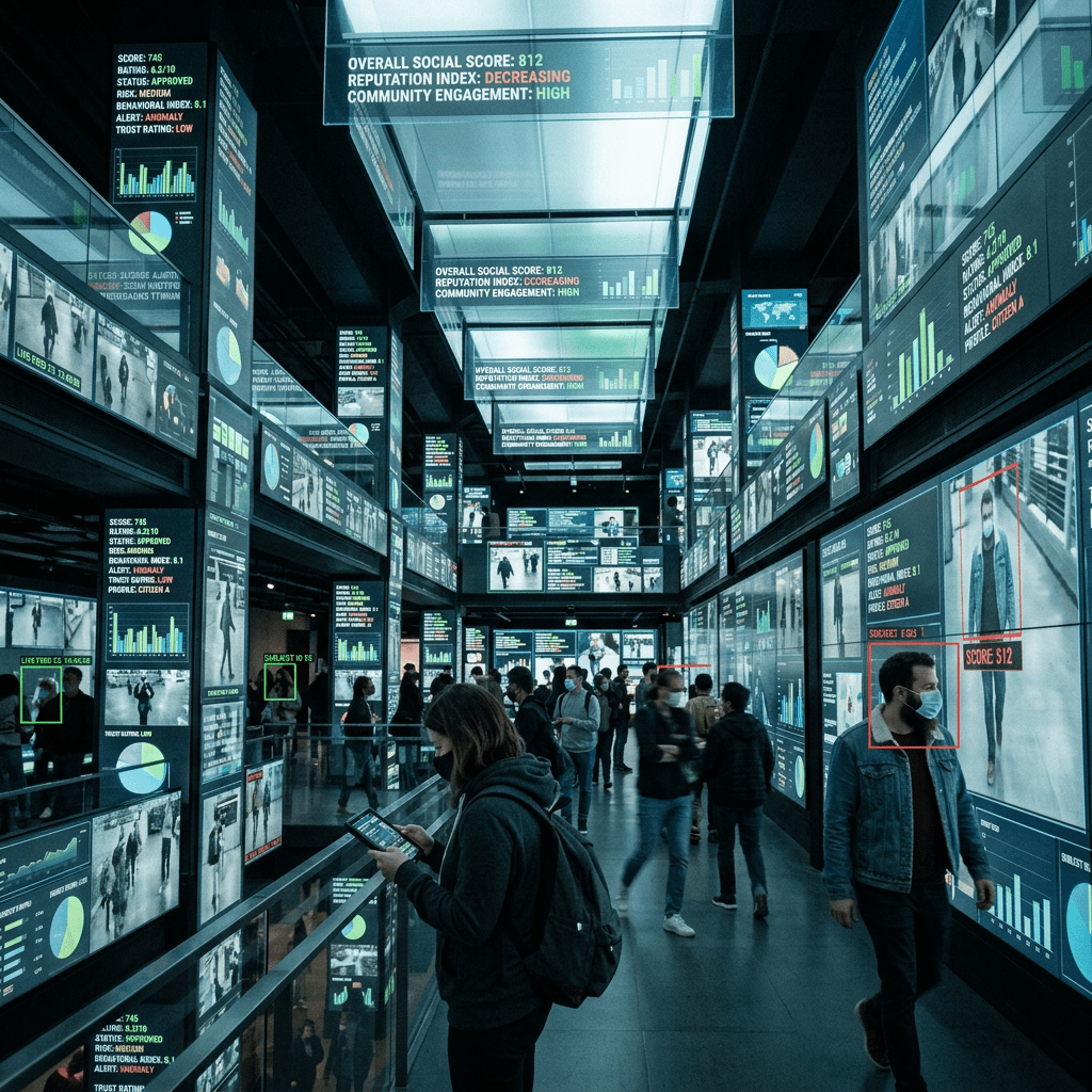 Indoor space with multiple large digital screens displaying data, graphs, and surveillance footage, with people walking and interacting.
