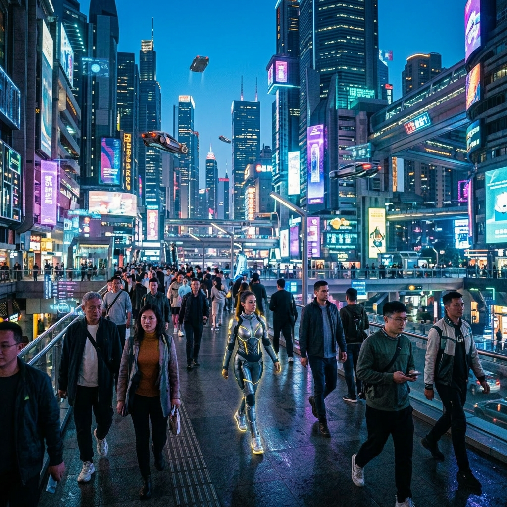 People walking in a futuristic city with digital information overlays above some individuals