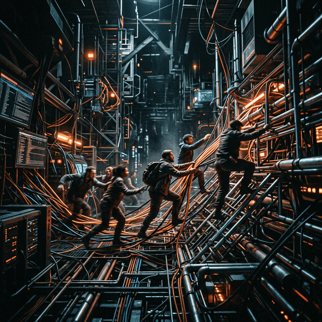 Group of people climbing and managing cables in a high-tech industrial setting