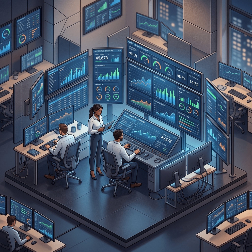 Three professionals working with multiple large monitors displaying graphs and analytics