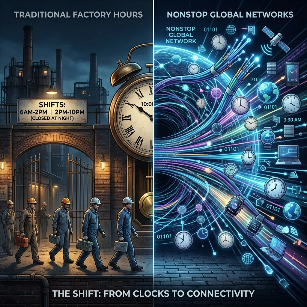 Left side shows factory workers leaving on shift change, right side depicts digital global network with clocks and devices
