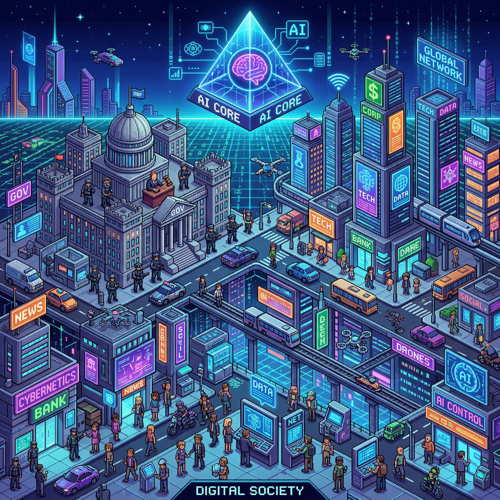 Isometric futuristic city with AI core, digital networks, drones, and people interacting with technology