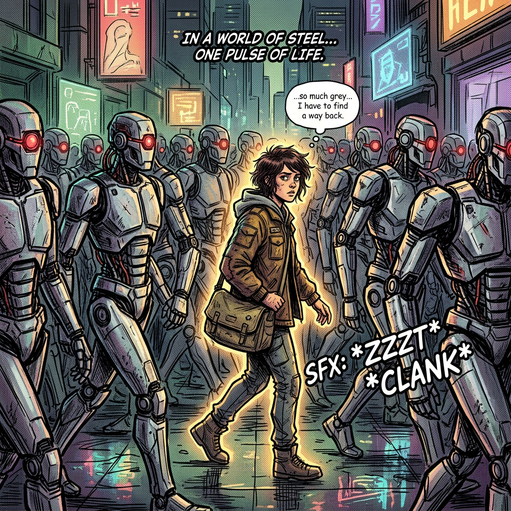 A young person glowing with light walking through a crowd of robotic figures in a futuristic city street at night.