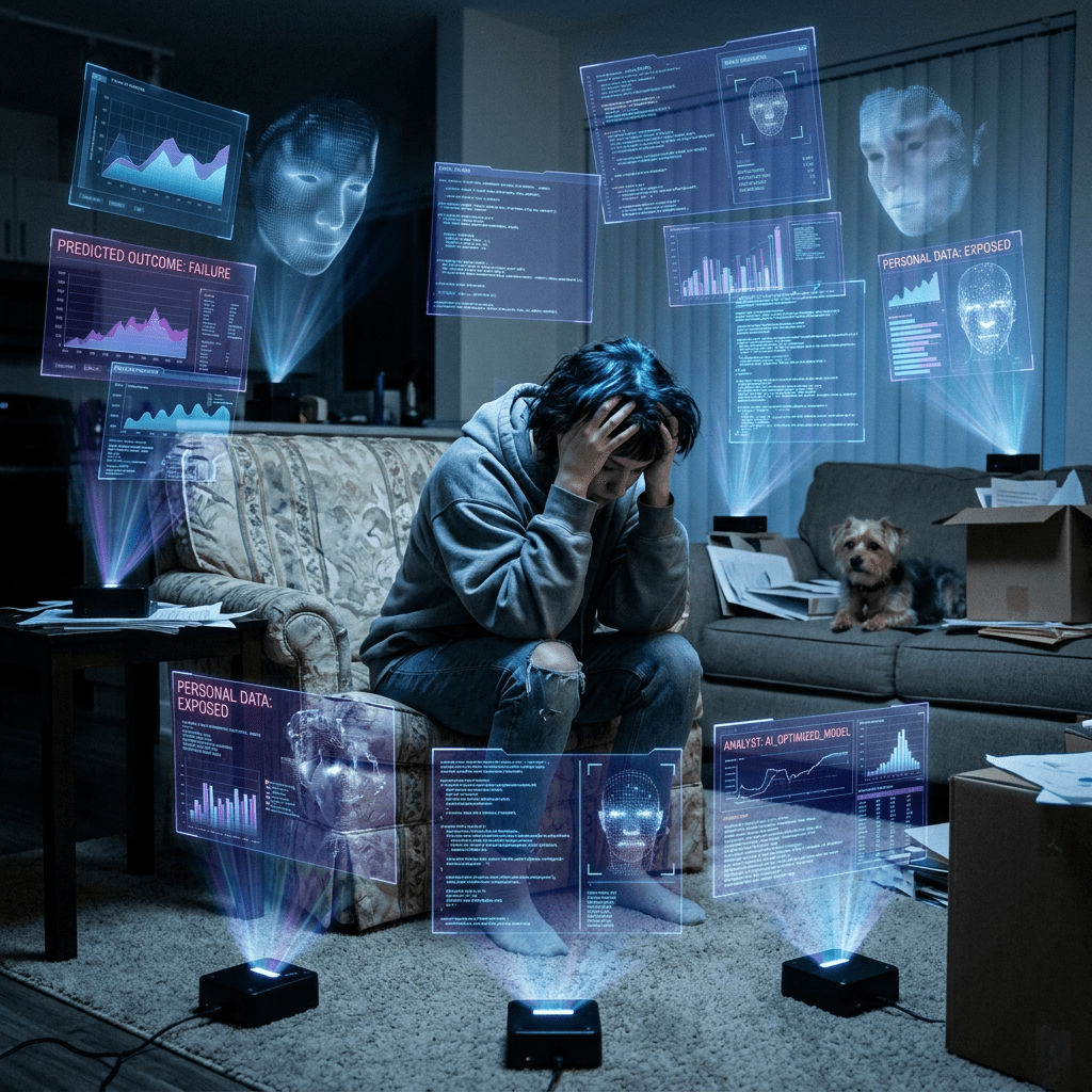 Person sitting stressed with multiple AI holograms showing data analysis, facial recognition, and privacy warnings