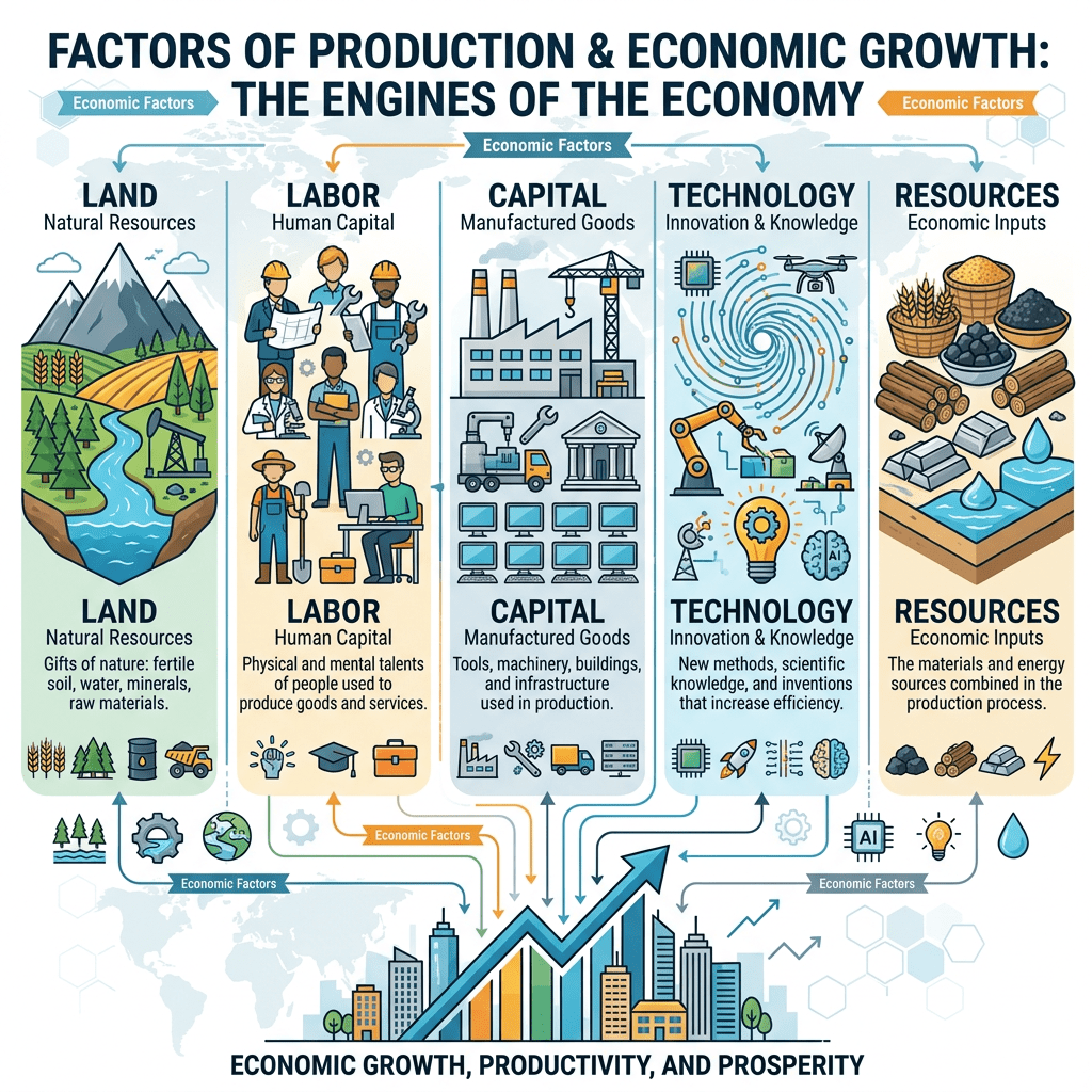 Illustration of five economic growth factors: land, labor, capital, technology, and resources