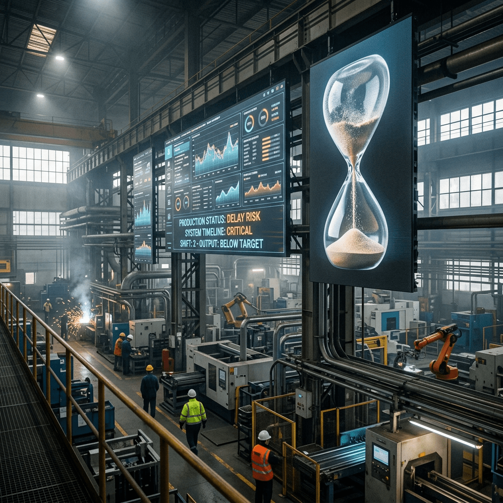 Industrial factory interior with workers and digital screens showing production metrics and hourglass symbol
