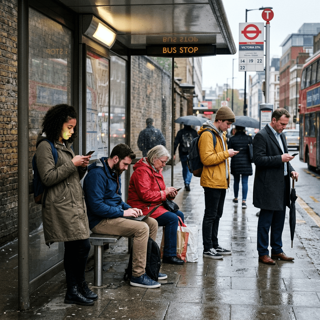 Five people at a bus stop using smartphones and a laptop on a rainy day