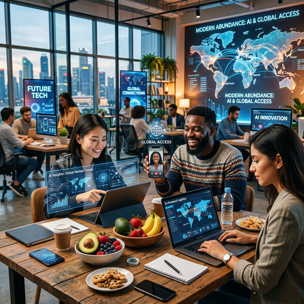 Team members using laptops and smartphones to analyze global AI market data in an open office